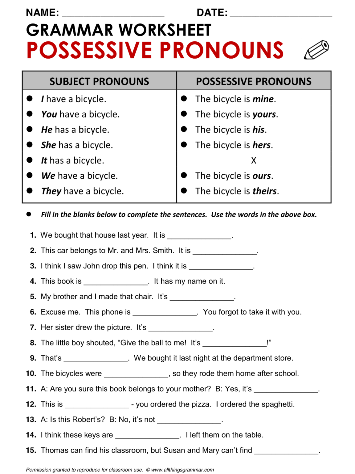 Possessive Adjective And Possessive Pronoun Worksheet Pdf 