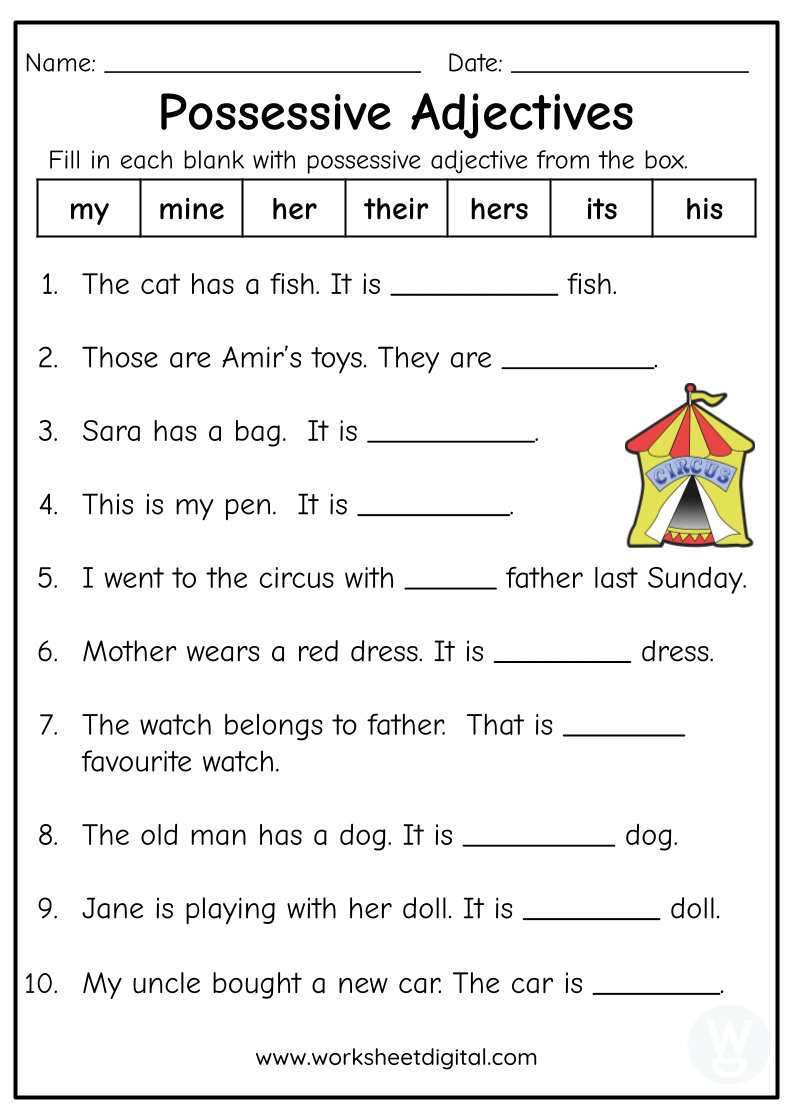 Possessive Adjectives Printable Worksheets Adjectiveworksheets Net 