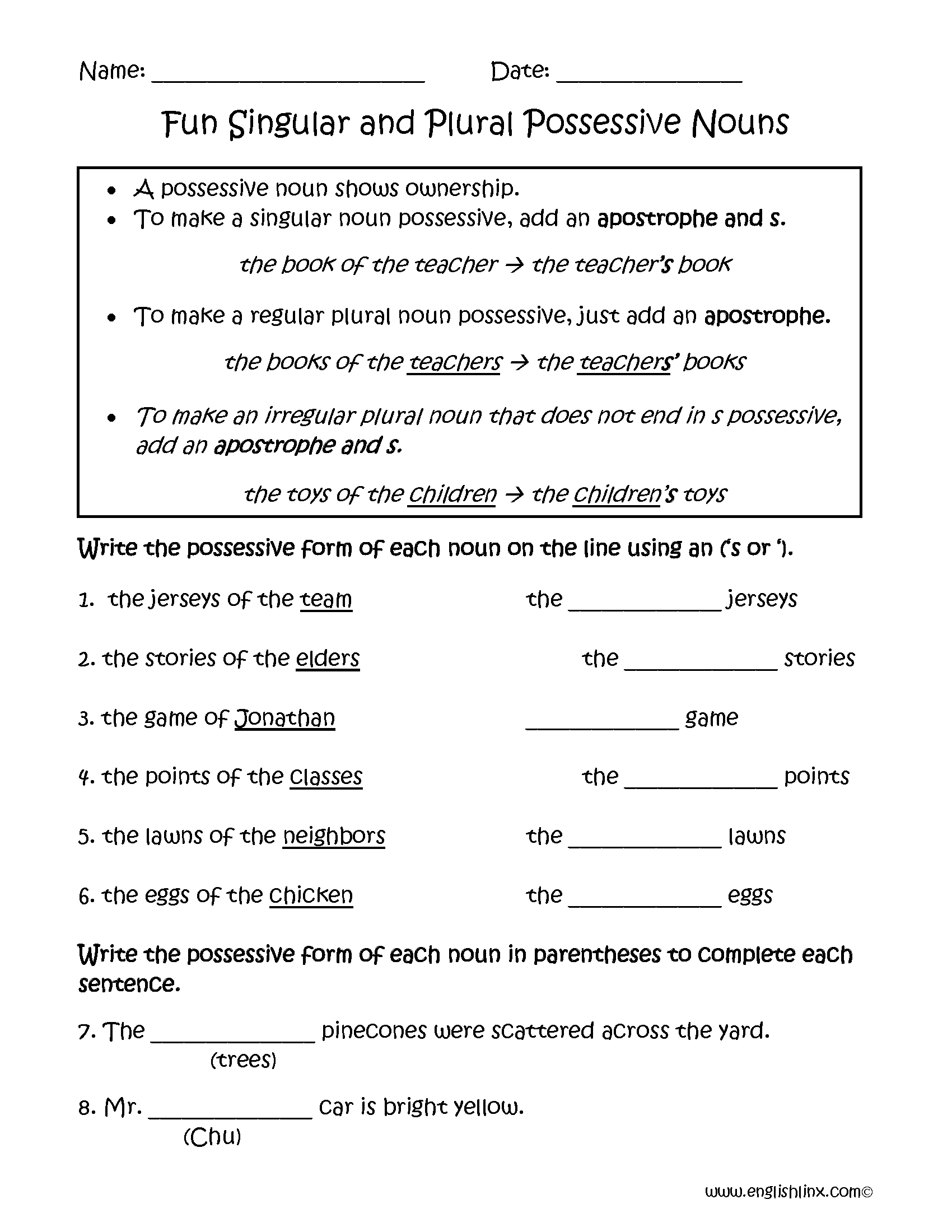 Possessive Nouns Worksheets Fun Singular And Plural Possessive Nouns 