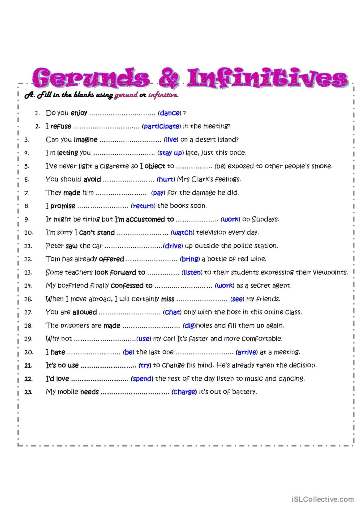 Practising Gerunds Infinitives Gen English ESL Worksheets Pdf Doc