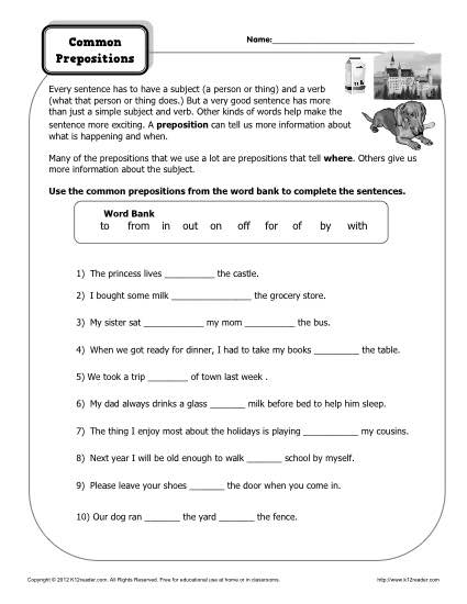 Preposition Worksheet Common Prepositions