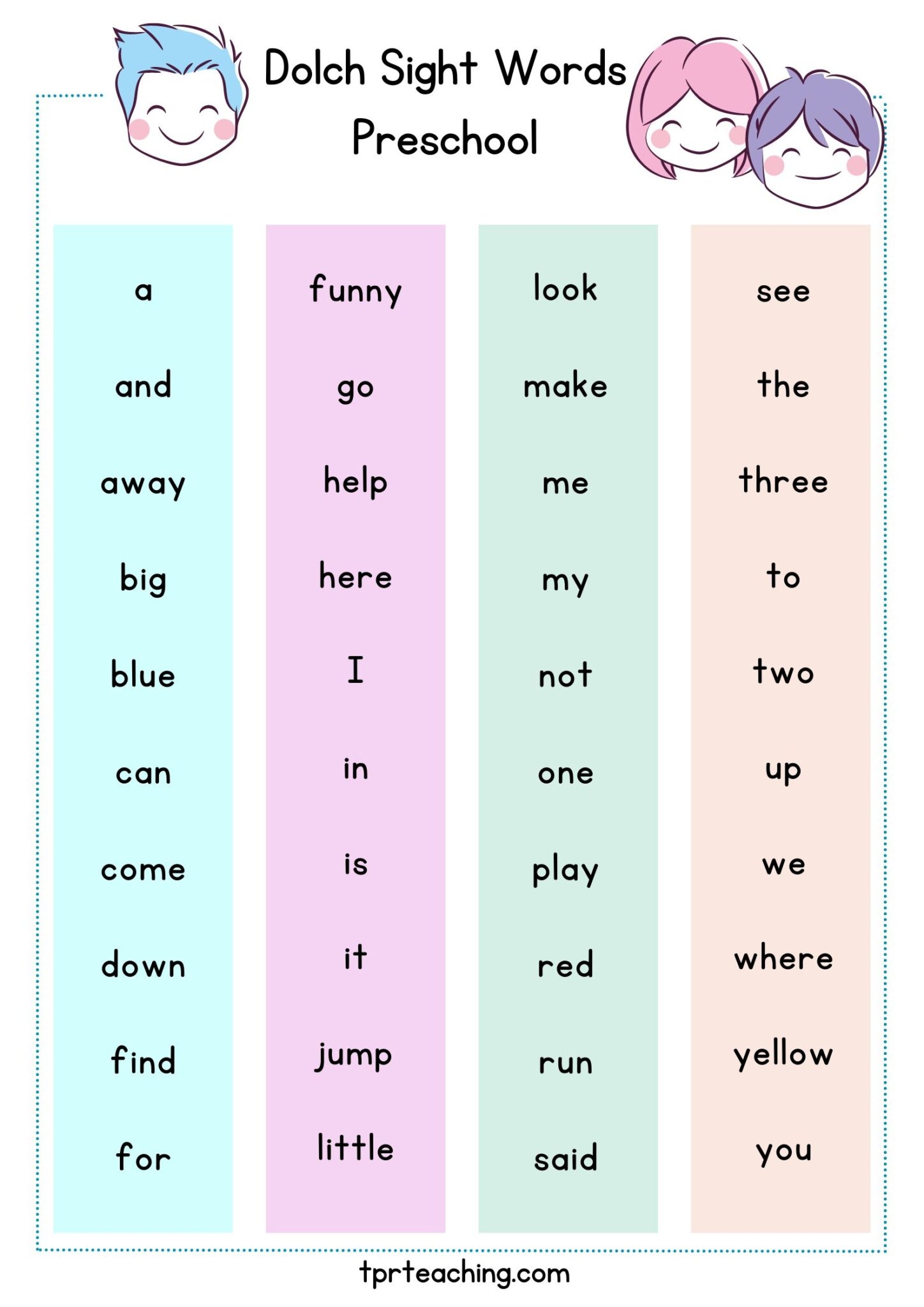 Preschool Sight Words Free Printable Included TPR Teaching