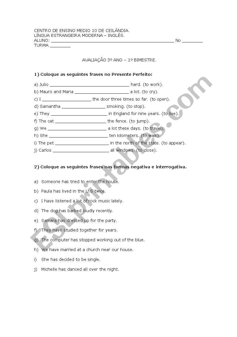 Present Perfect Exercise ESL Worksheet By Serjbsb hotmail