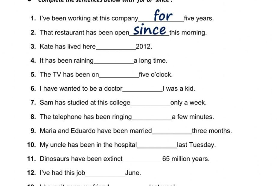Present Perfect For Since Worksheet