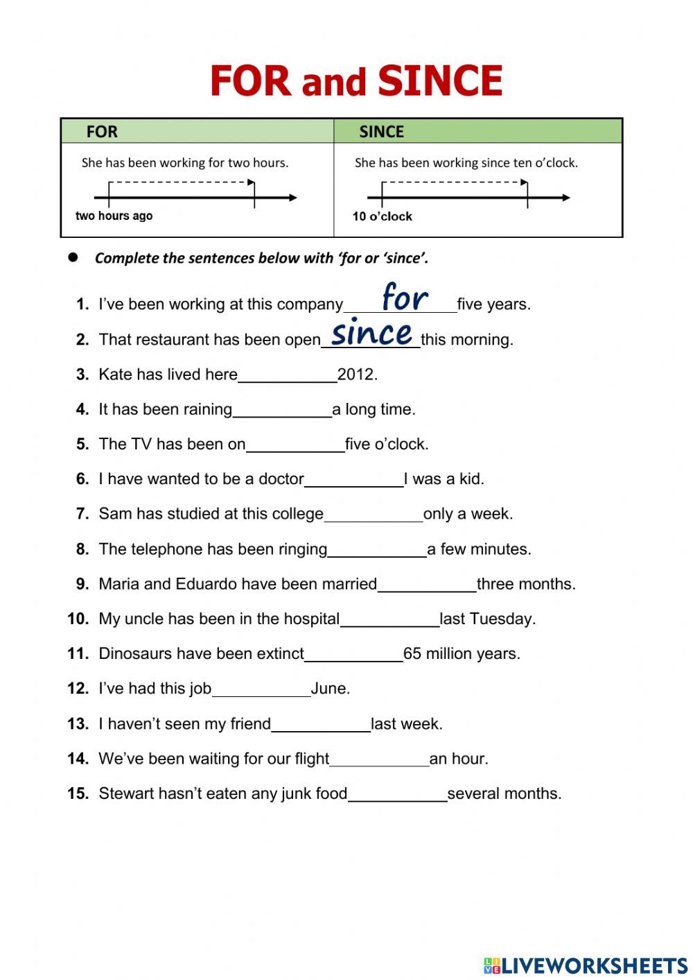 Present Perfect For Since Worksheet