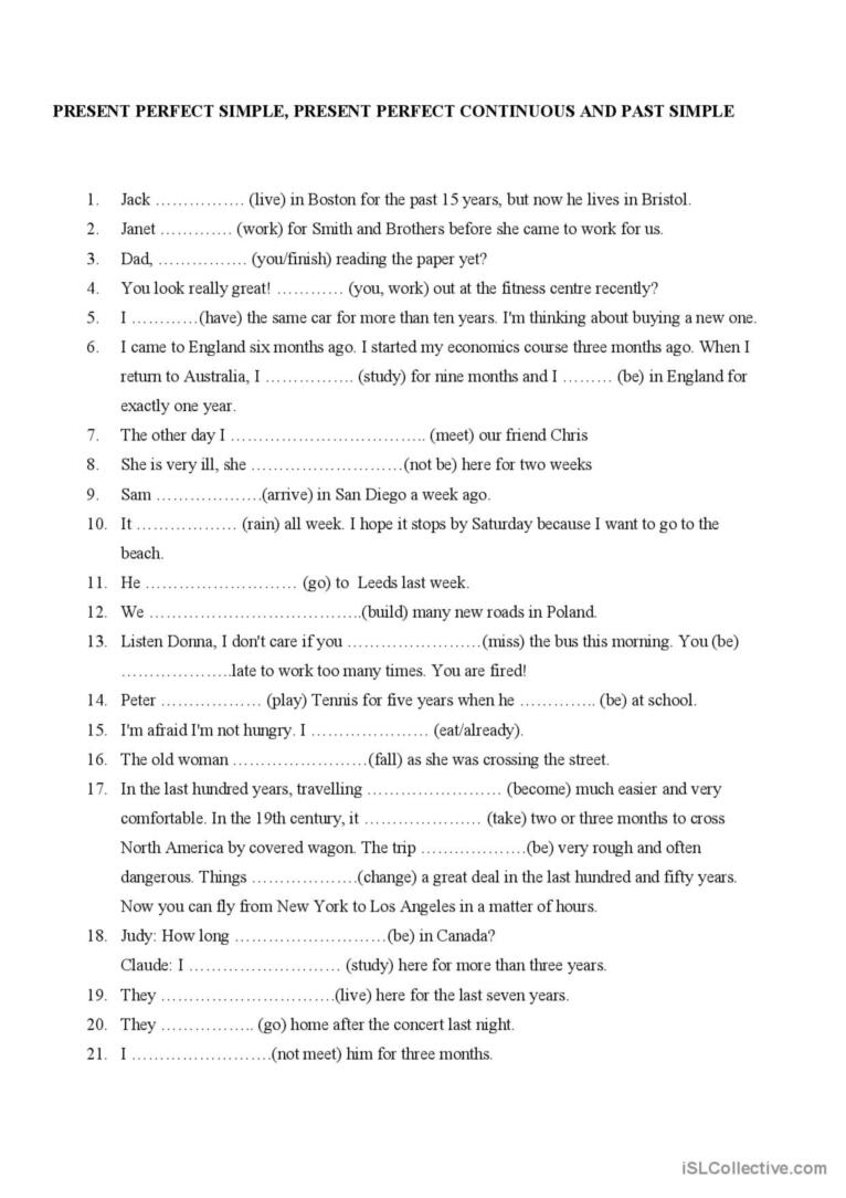 Present Perfect Progressive And Simple Past Exercises Infoupdate
