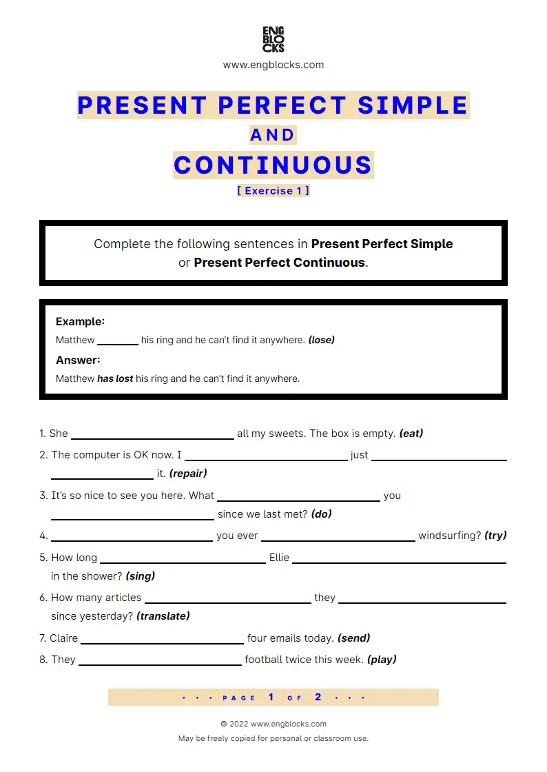 Present Perfect Simple And Continuous Exercise 1 ESL Worksheets