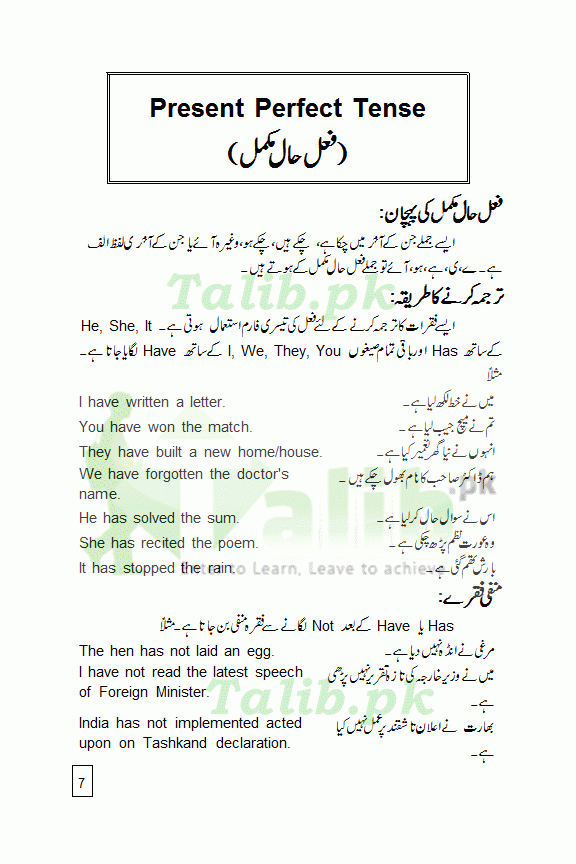Present Perfect Tense Exercises In Urdu To English Examples Talib