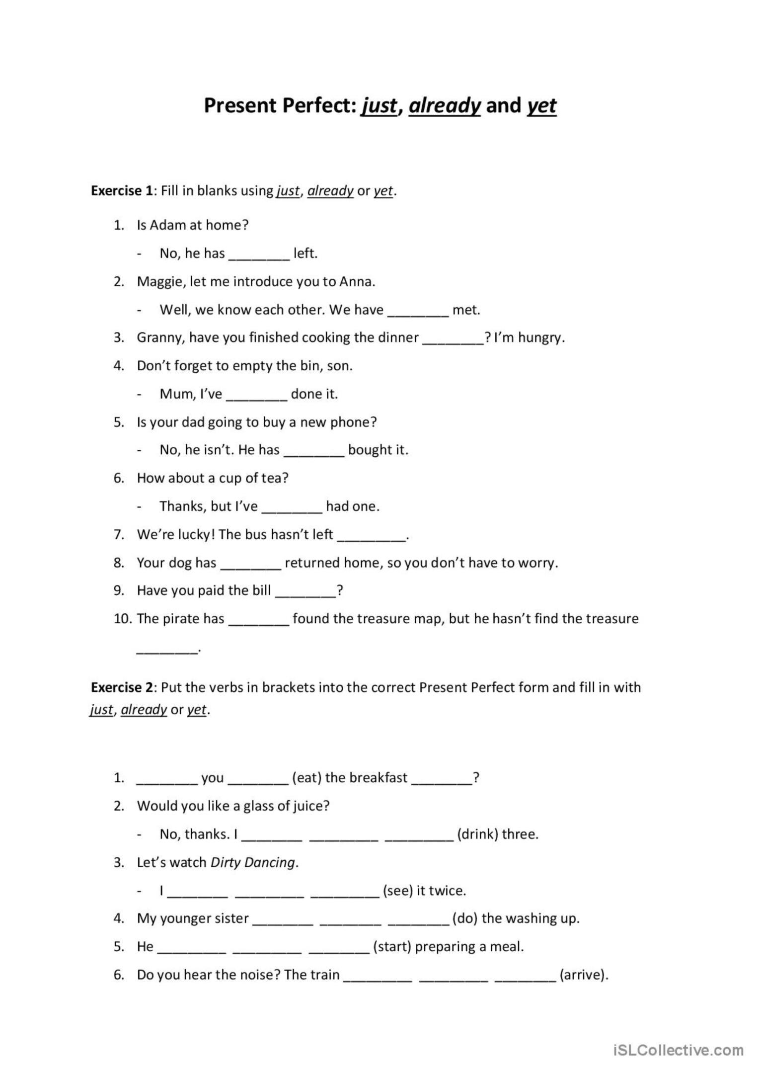 Present Perfect Tense Just Alread English ESL Worksheets Pdf Doc