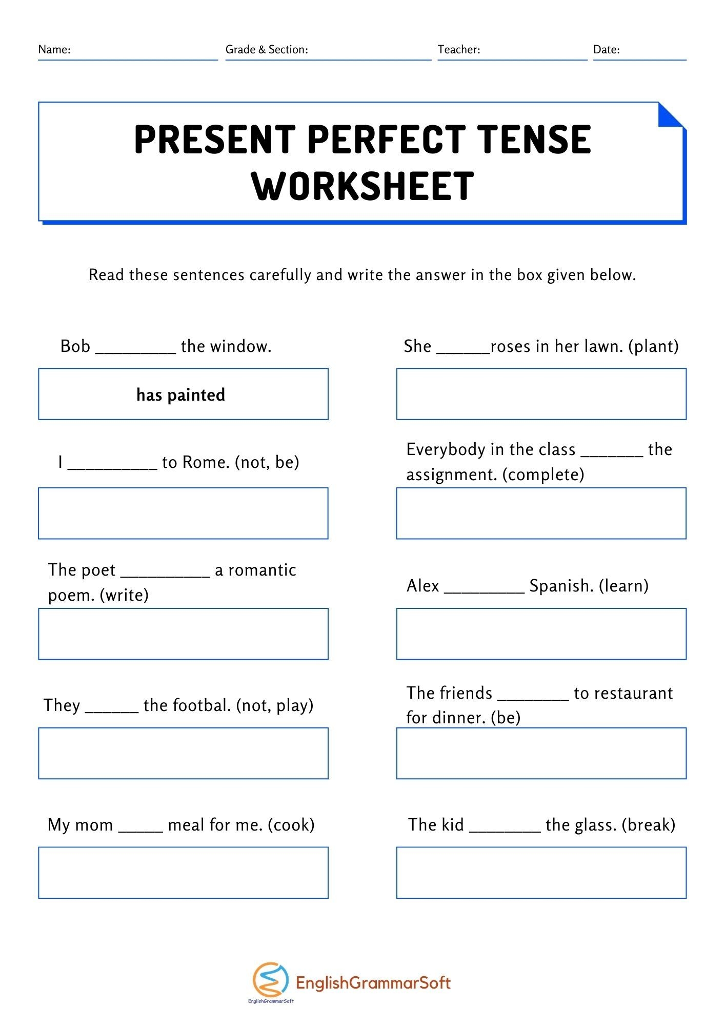 Present Perfect Tense Worksheet For Class 5
