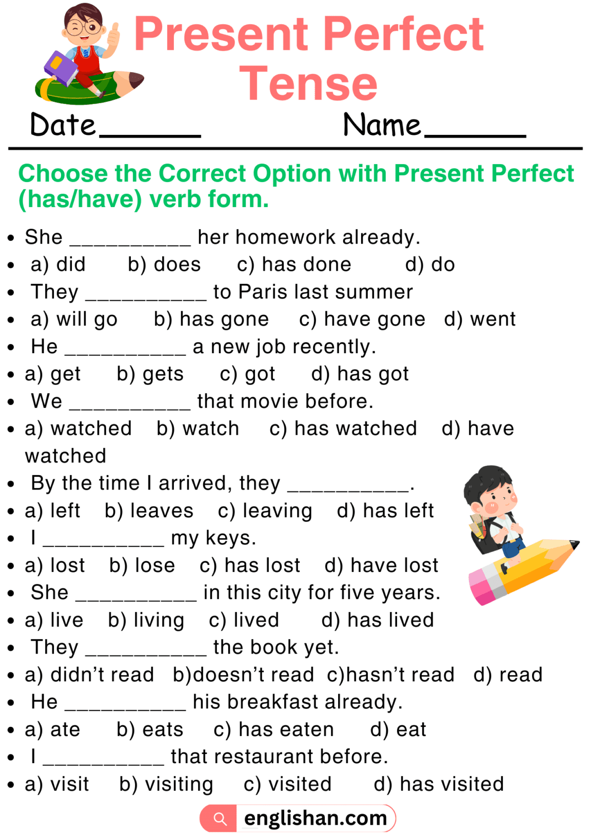 Present Perfect Tense Worksheets