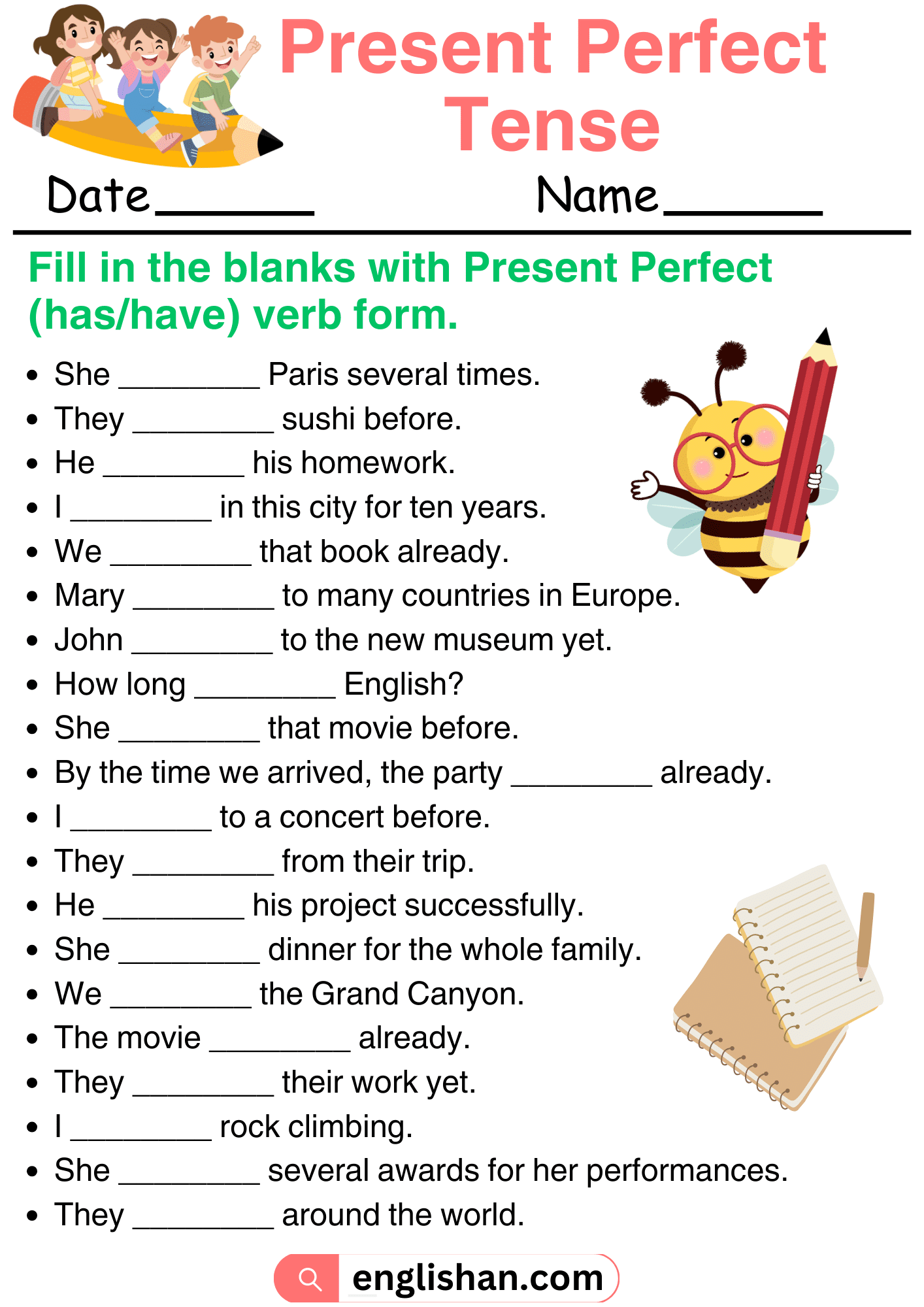 Present Perfect Tense Worksheets And Exercises With Answers
