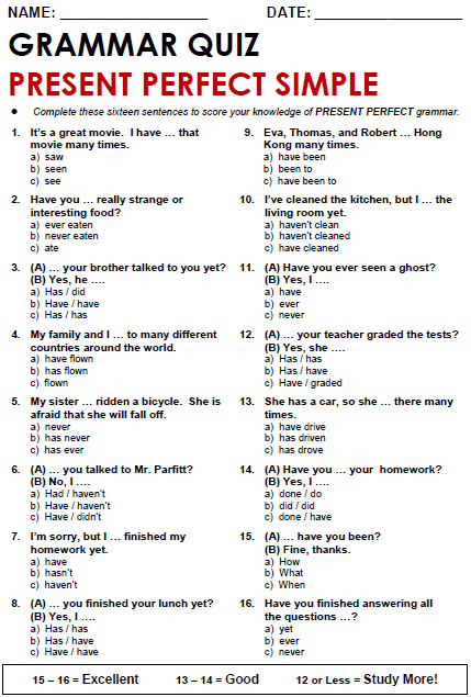 Present Quiz Present Perfect Tense Quiz Esl Worksheet By Riset