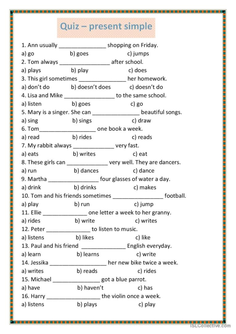 Present Simple Quiz English ESL Worksheets Pdf Doc