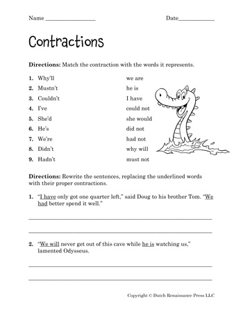 Printable Contractions Worksheets Language Arts PDF