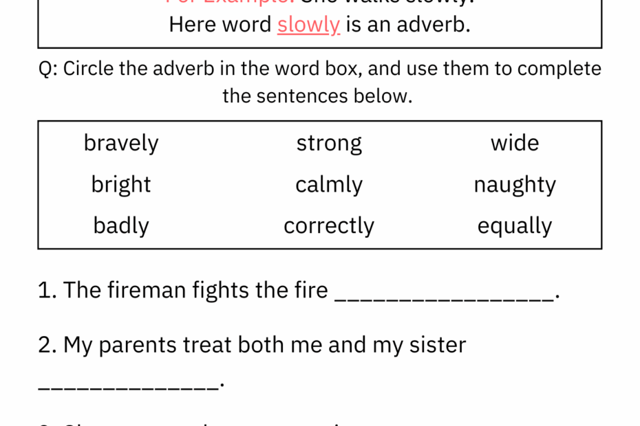 Printable Identifying Adverbs Grammar Worksheet For Kindergarten