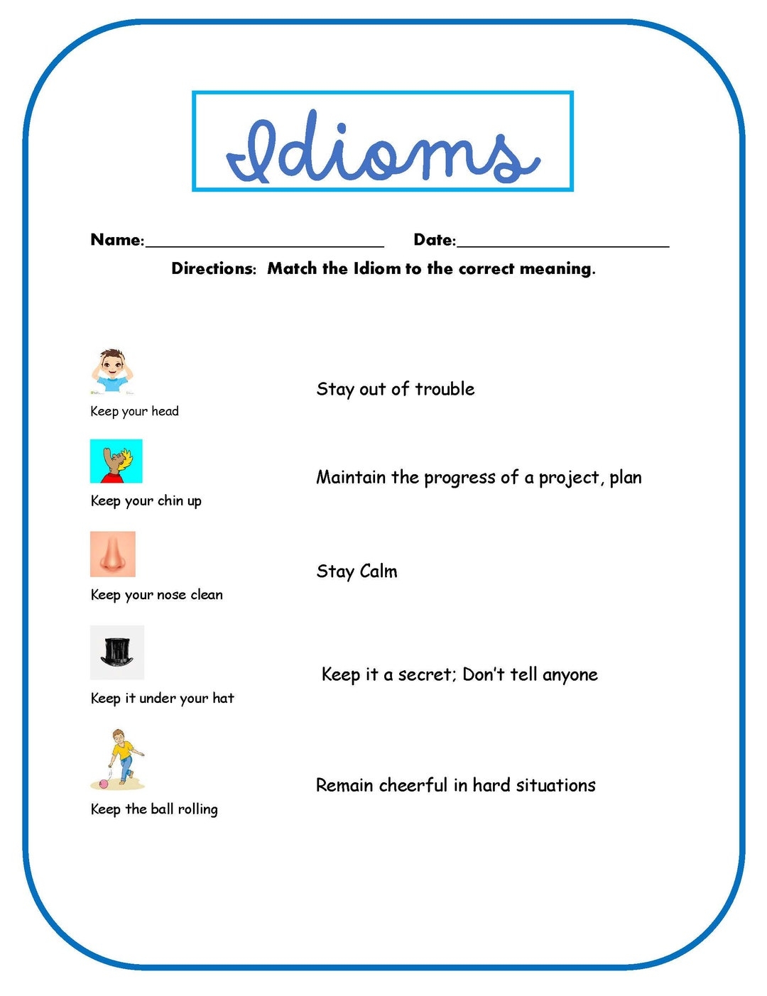 Printable Idiom Worksheets Etsy