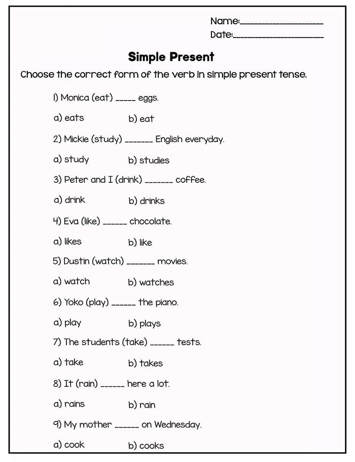 Printable Simple Present Tense Interactive Worksheets Free Download 