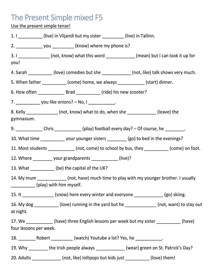Printable Simple Present Tense Mixed Exercises Worksheets Free 
