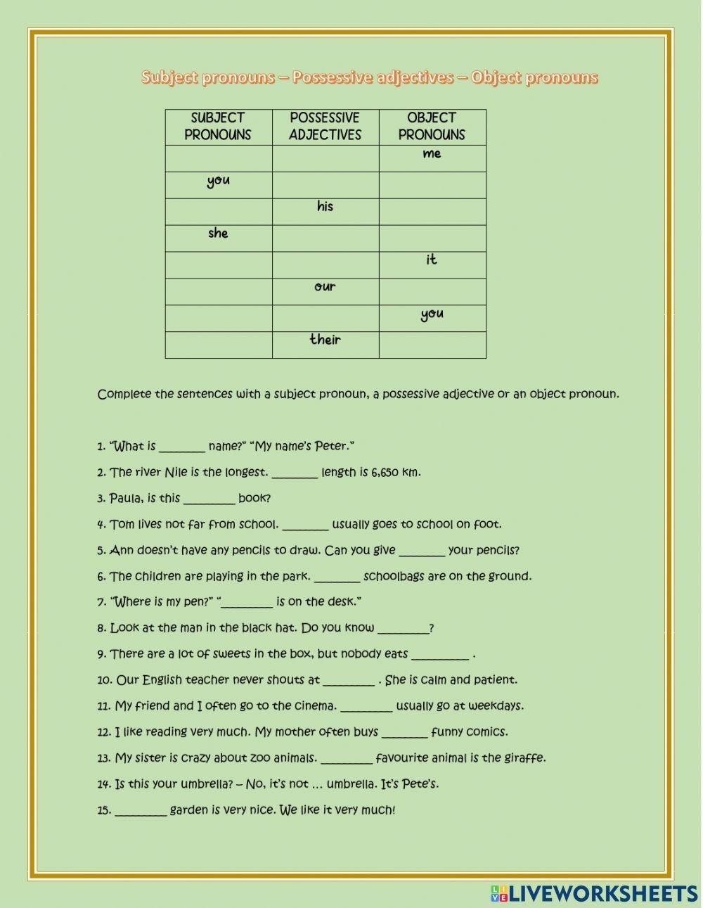 Pronoun Worksheets Possessive Adjectives Object Pronouns Personal 