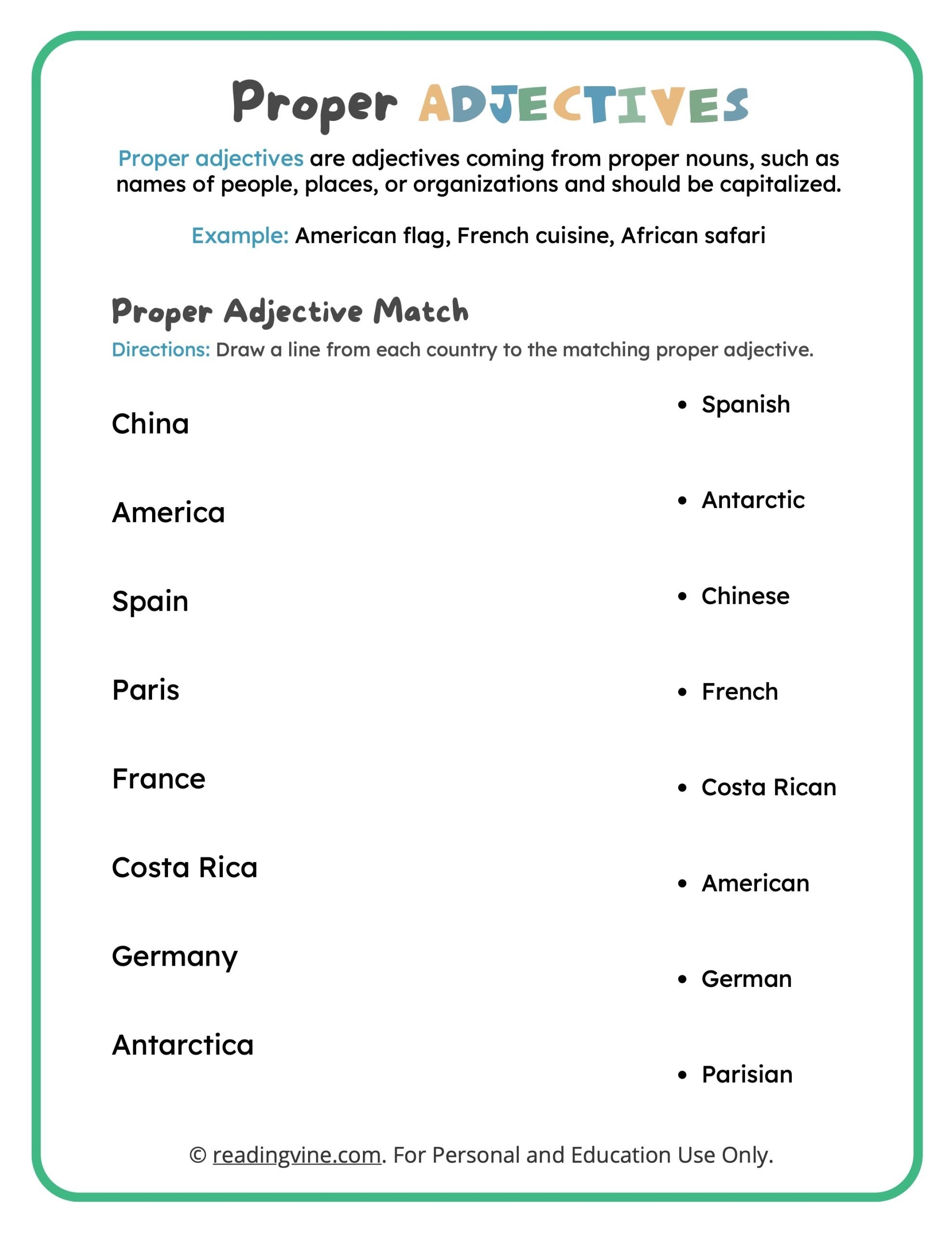 Proper Adjectives Matching Activity image ReadingVine