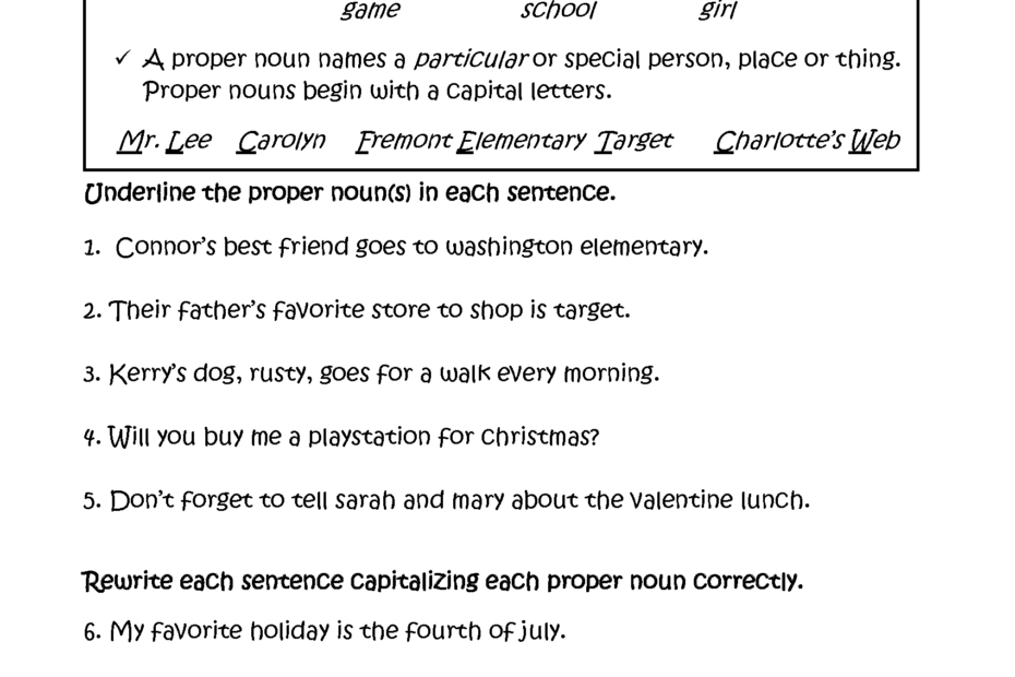 Proper And Common Nouns Worksheets Underlining And Rewriting Proper