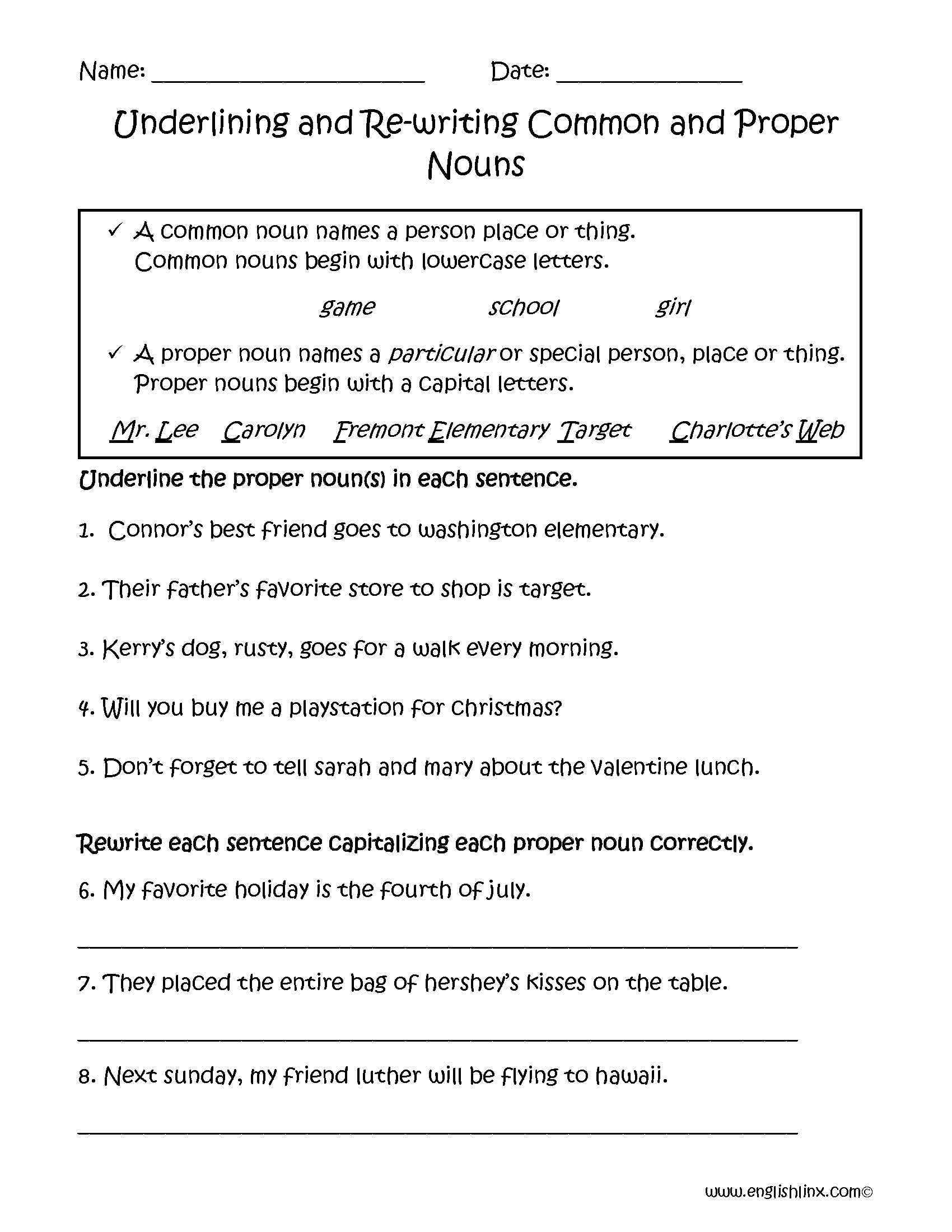 Proper And Common Nouns Worksheets Underlining And Rewriting Proper 