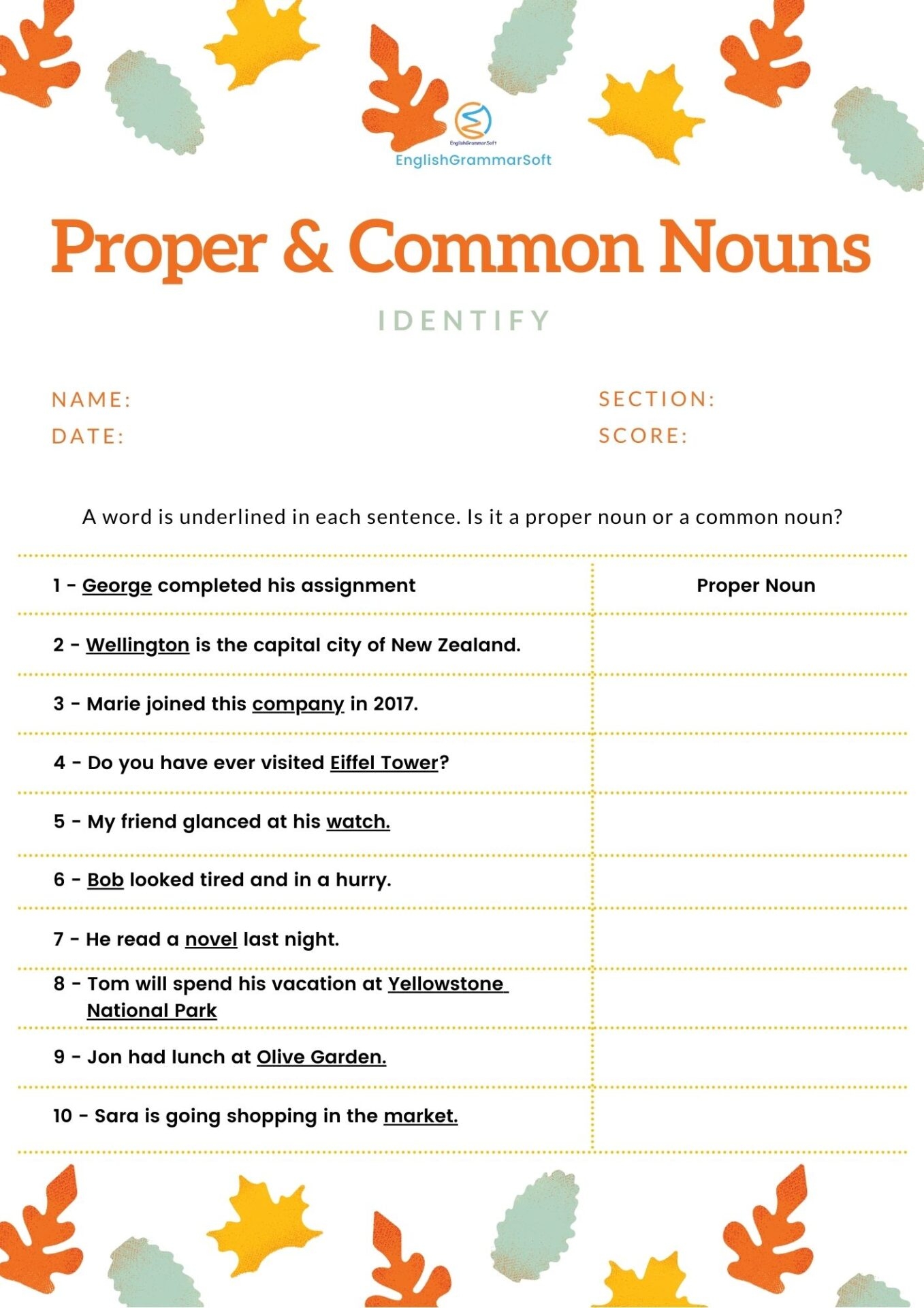 Proper Noun And Common Noun Activity Sheets