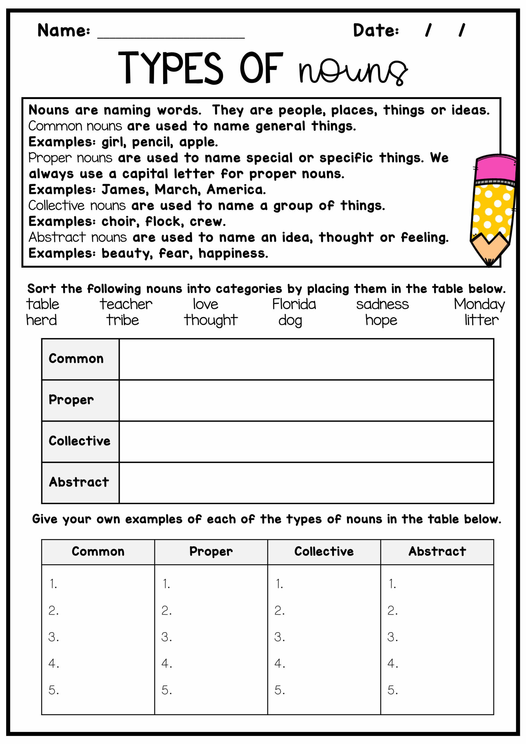 Proper Nouns Activity Sheet