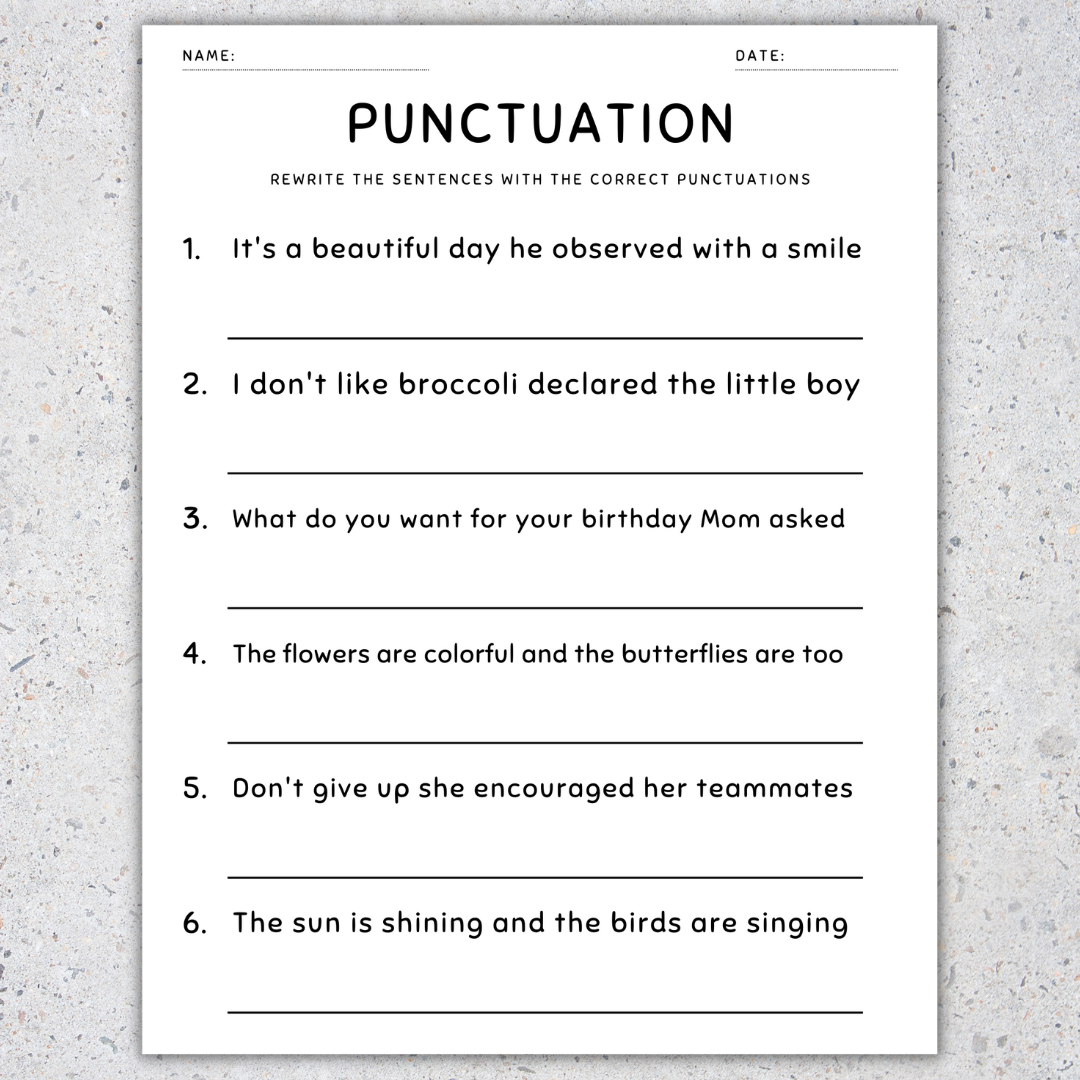 Punctuation Worksheets Fix The Sentences Grammar Practice 4th Grade 
