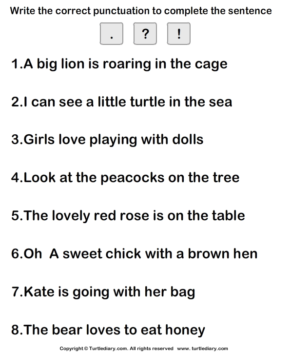 Putting Correct Punctuation Mark Turtle Diary Worksheet