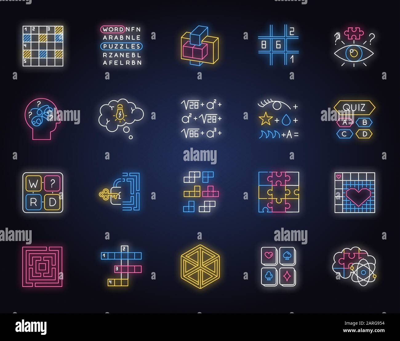 Puzzles And Riddles Neon Light Icons Set Mental Exercise Challenge 