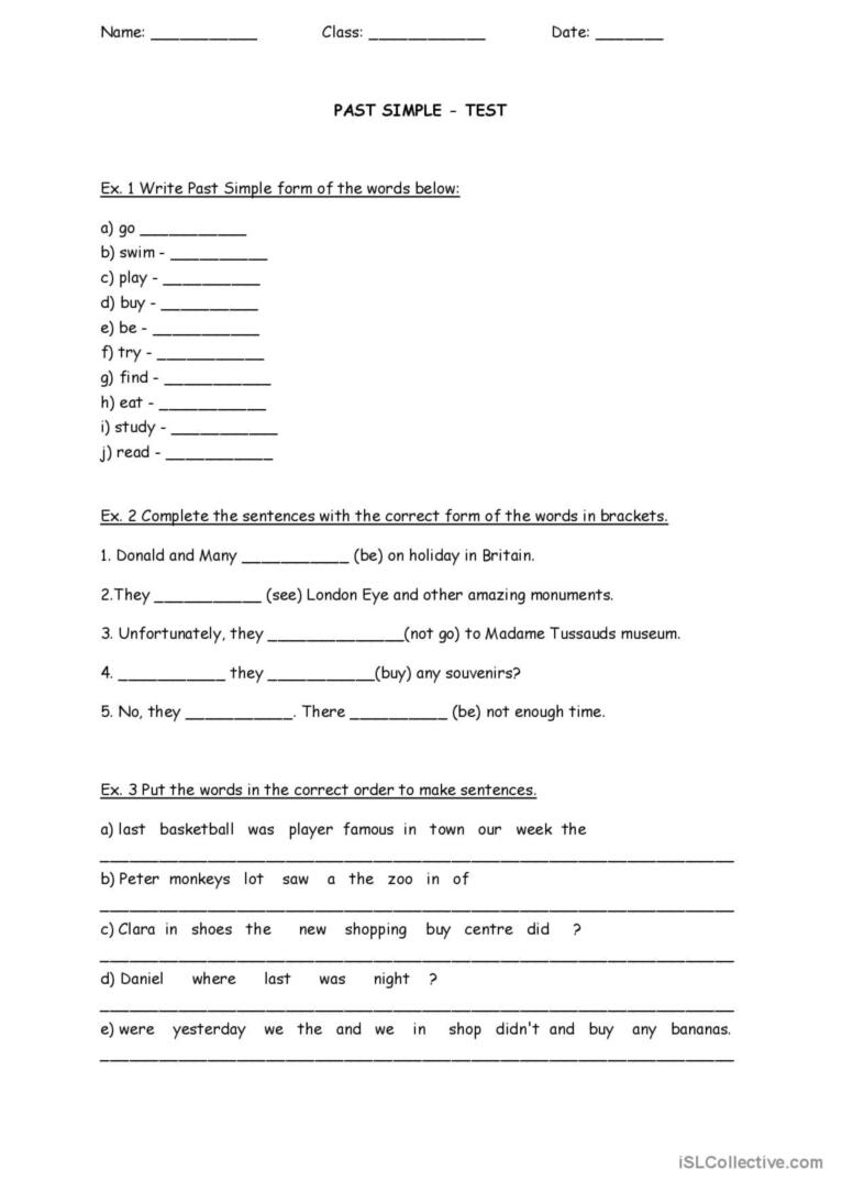 Quick Past Simple Test Elementary English ESL Worksheets Pdf Doc
