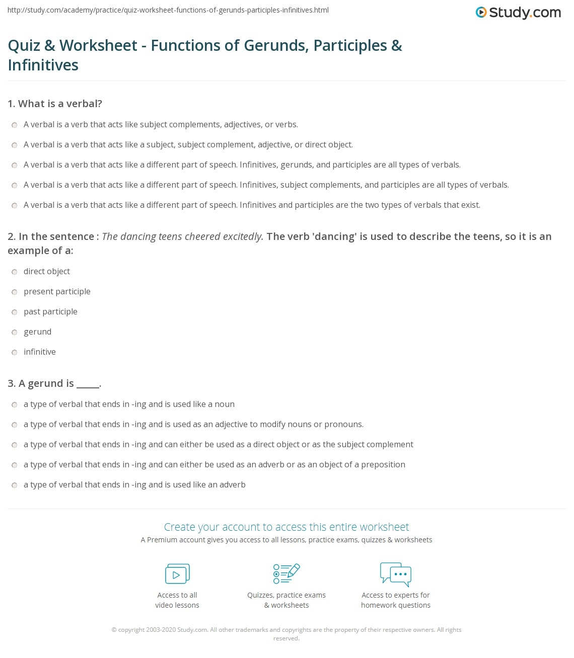 Quiz Worksheet Functions Of Gerunds Participles Infinitives 