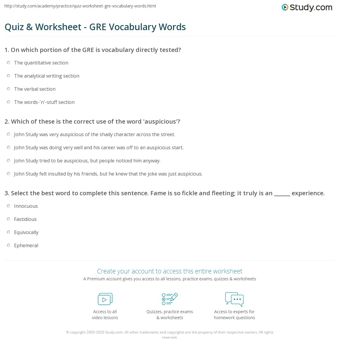 Quiz Worksheet GRE Vocabulary Words Study
