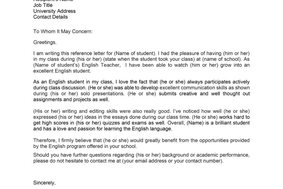 Reference Letter From English Teacher Free To Use