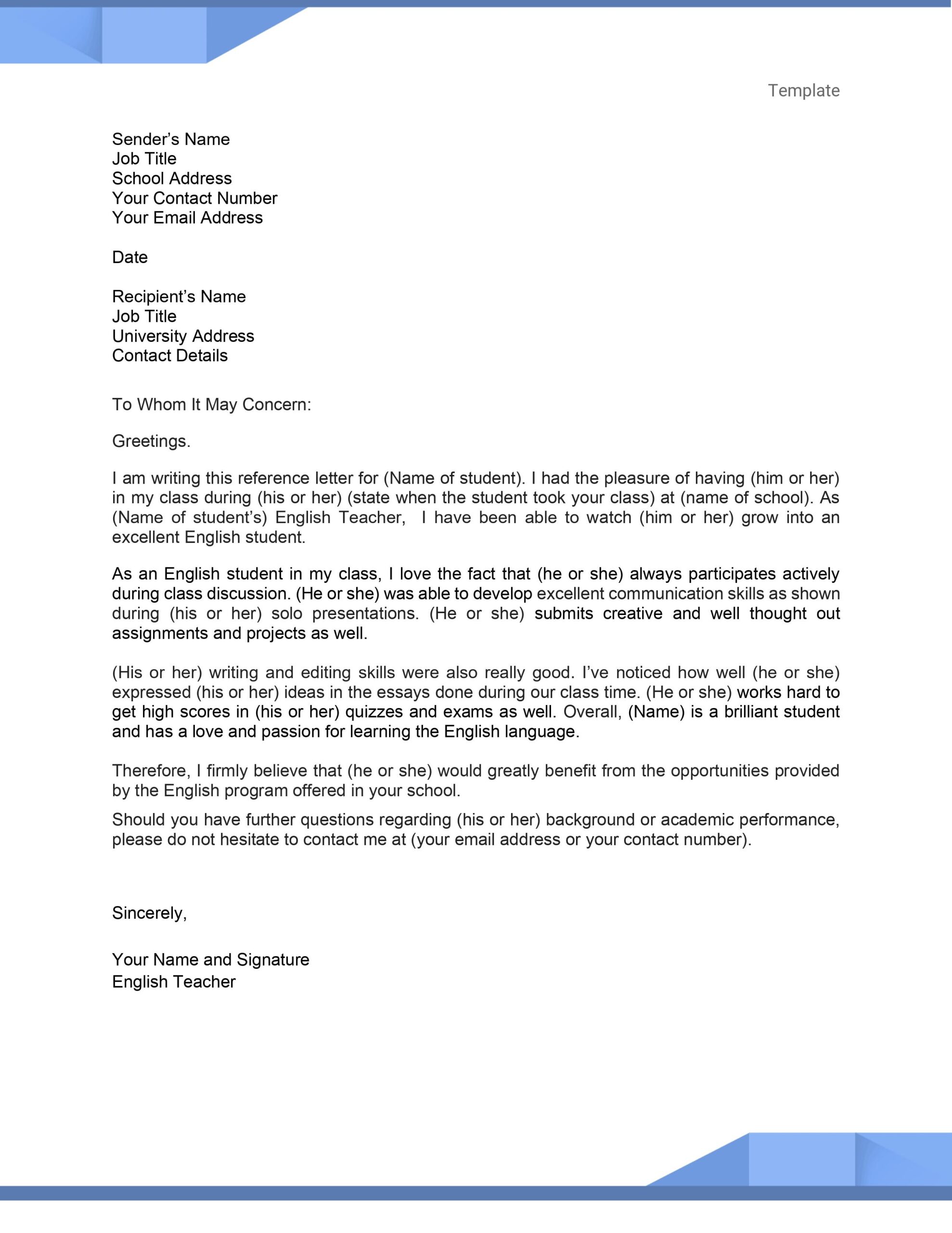 Reference Letter From English Teacher Free To Use