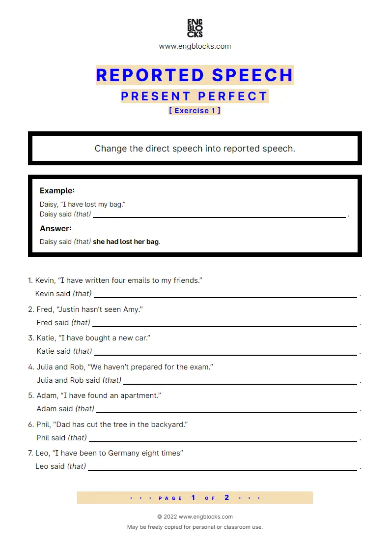 Reported Speech Present Perfect Exercise 1 ESL Worksheets