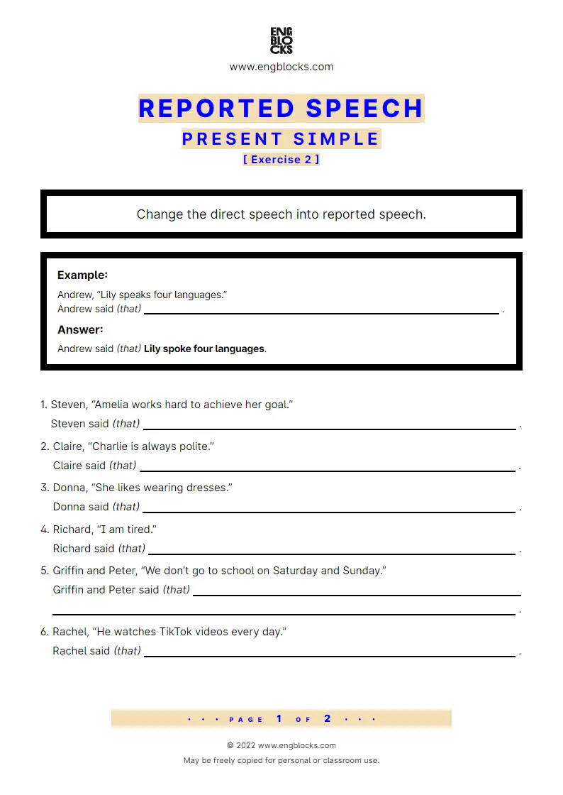 Reported Speech Present Simple Exercise 1 ESL Worksheets