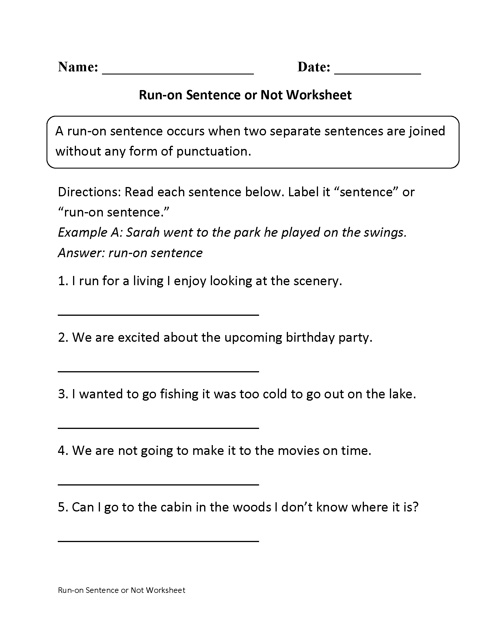 free printable run on sentences
