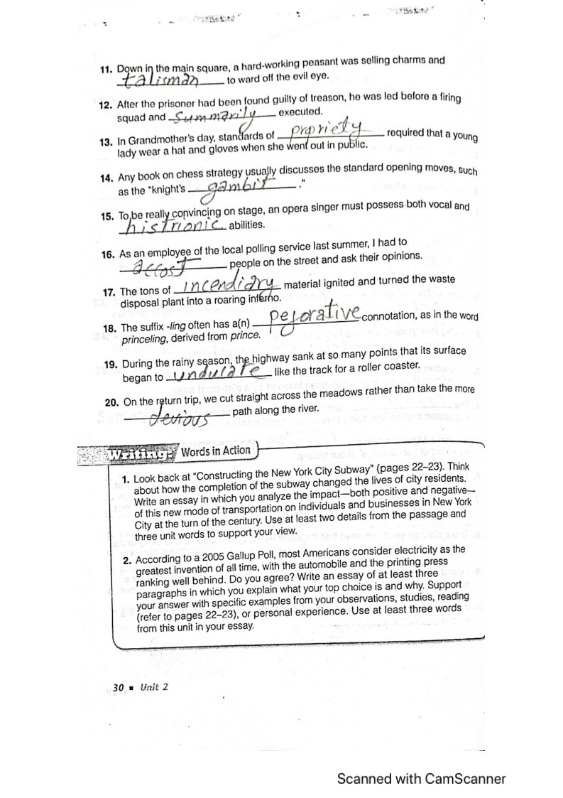 Sadlier Vocabulary Workshop Enriched Edition Level G Unit 2 Answers