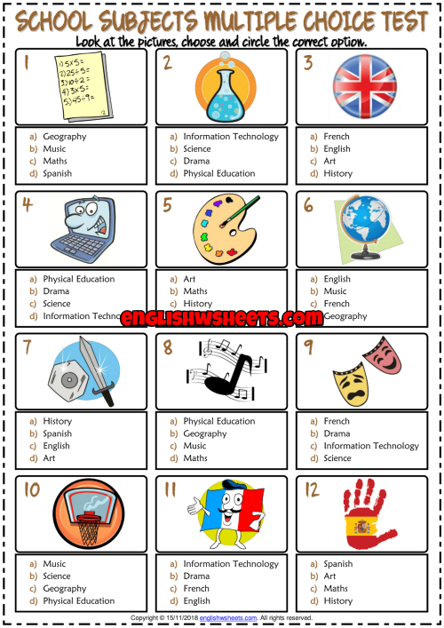 School Subjects ESL Printable Multiple Choice Test For Kids
