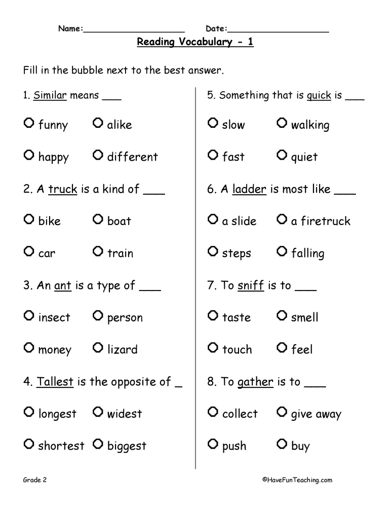 Second Grade Vocabulary Test Practice Worksheet Have Fun Teaching