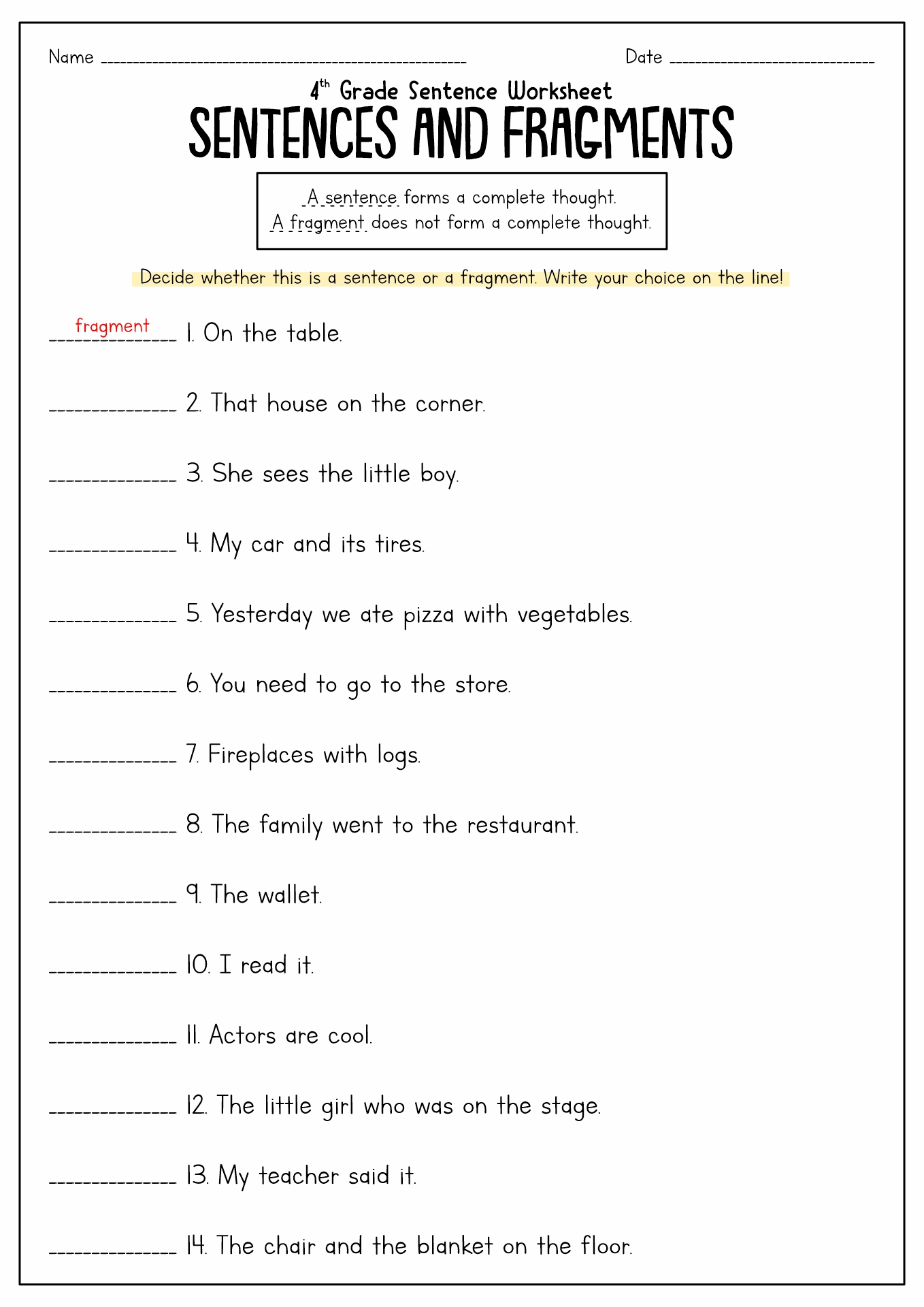 Sentence Or Fragment Worksheet