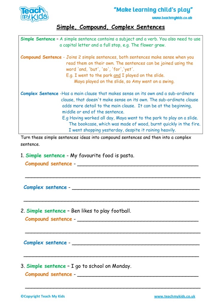 Sentence Types Worksheet Simple Compound Complex