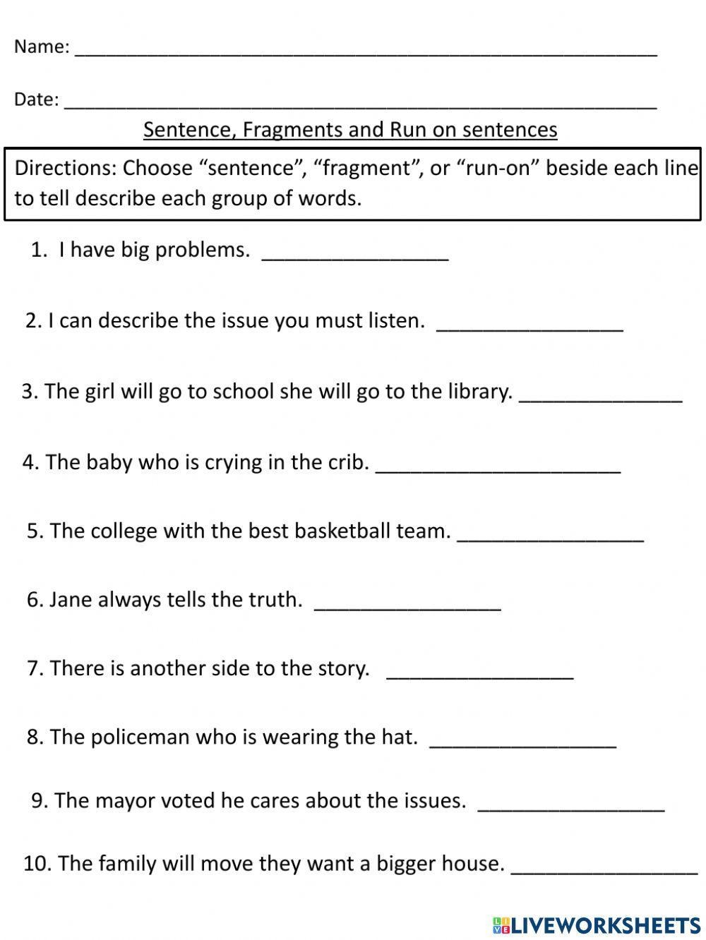 fragments and run on worksheets