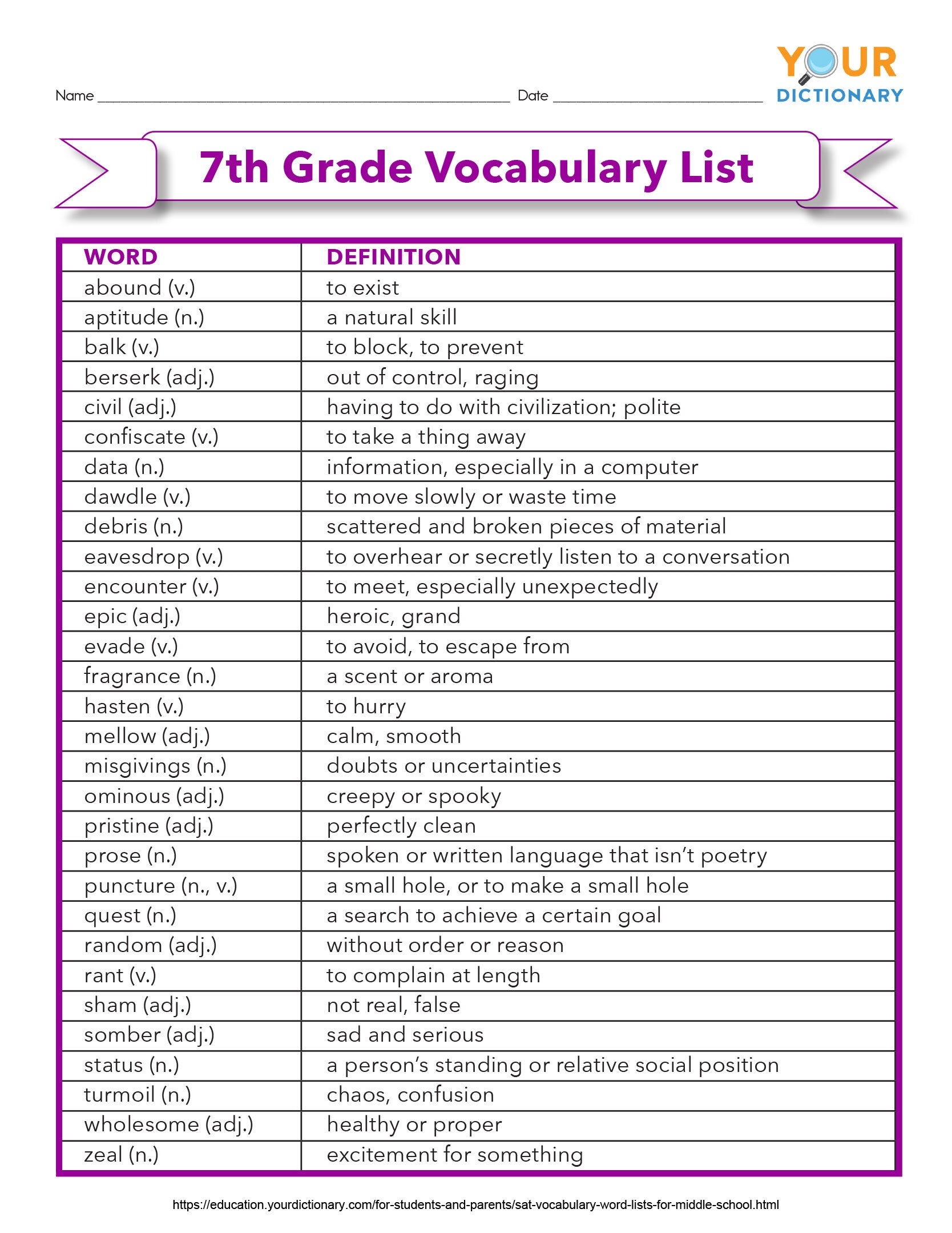 Seventh Grade Vocabulary Words
