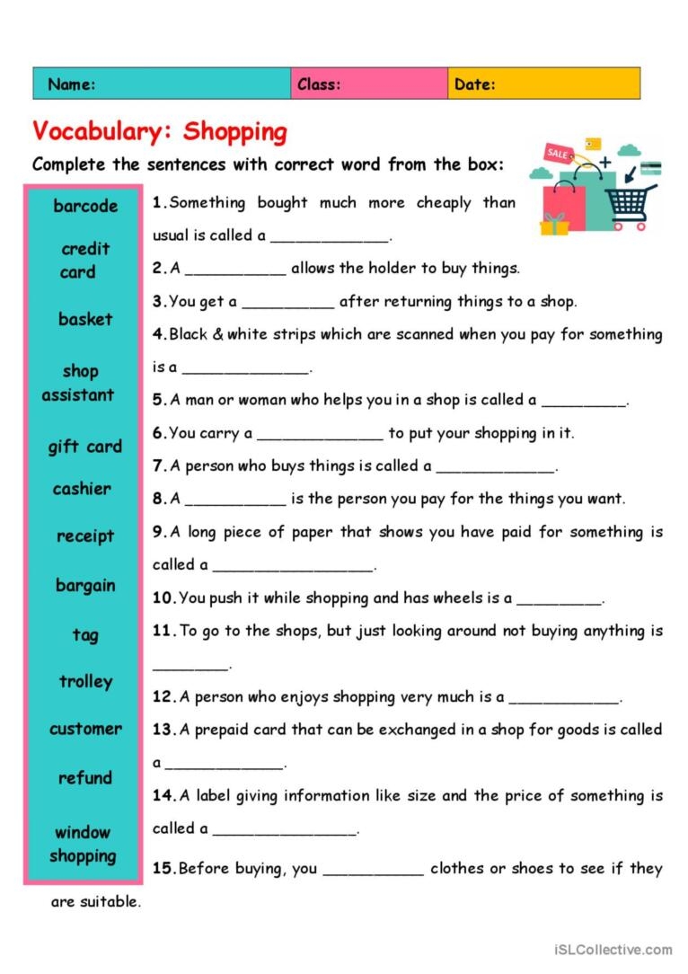Shopping Printable English ESL Vocabulary Worksheets 46 OFF