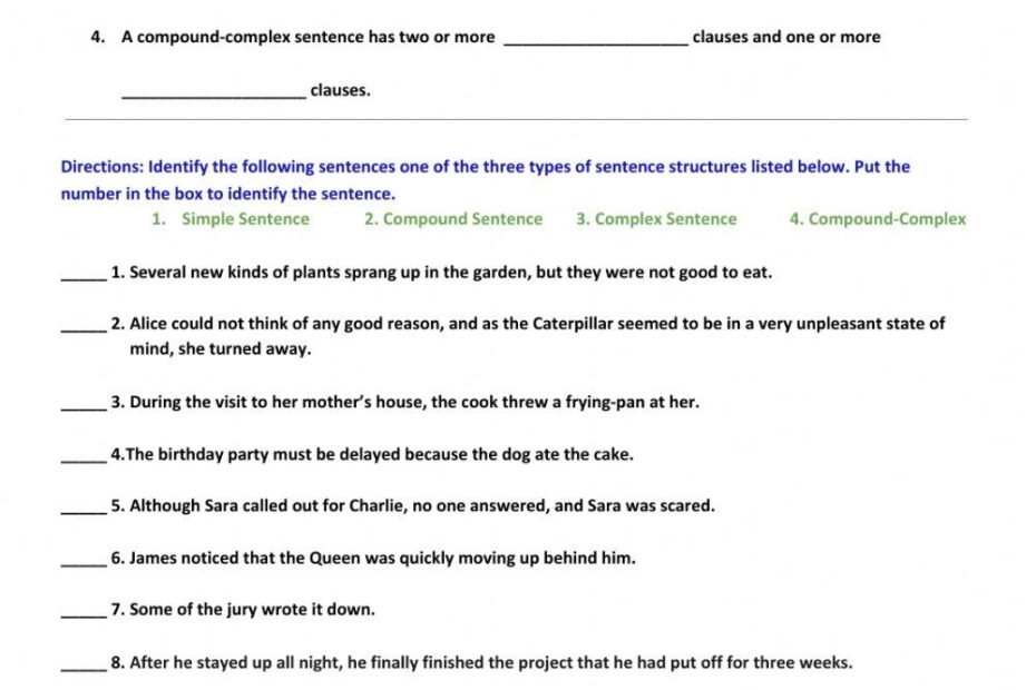 Simple Compound Complex Compound Complex Sentences Worksheet Artofit