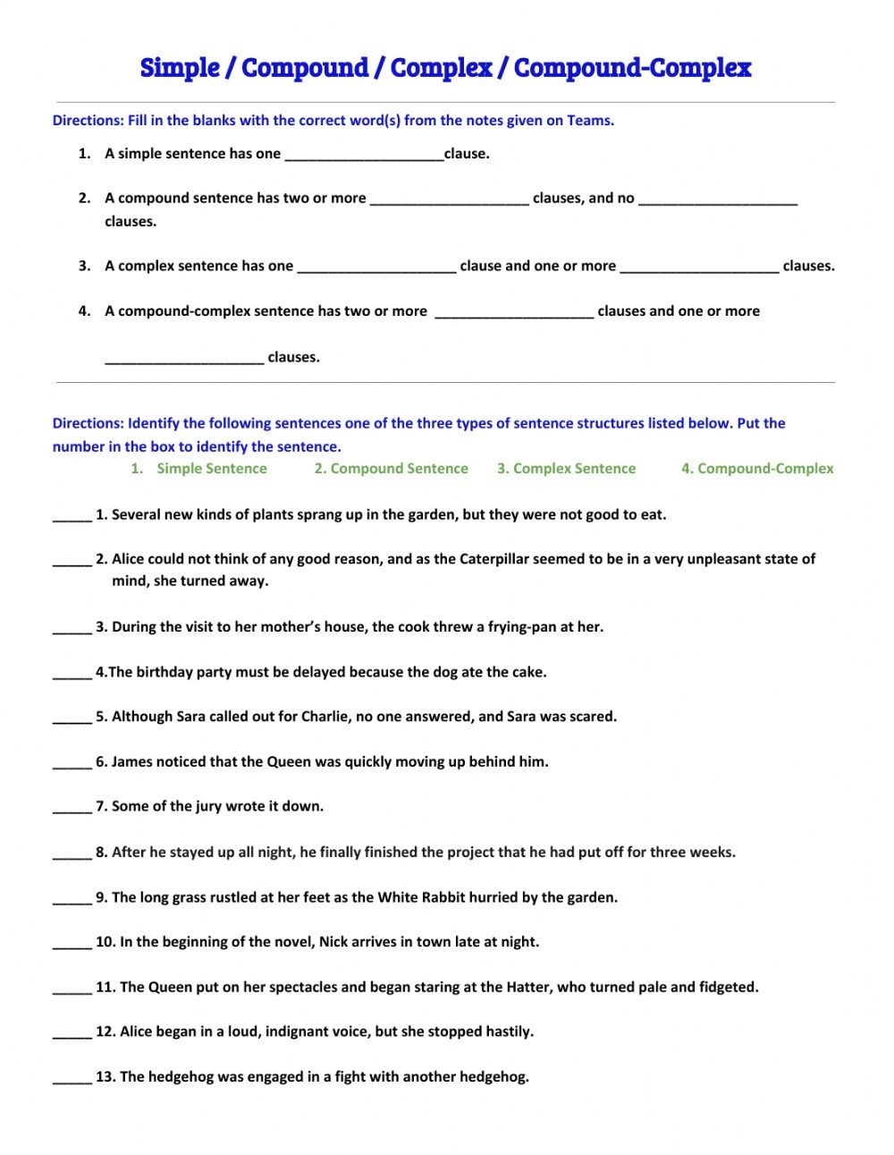 Simple Compound Complex Compound Complex Sentences Worksheet Artofit